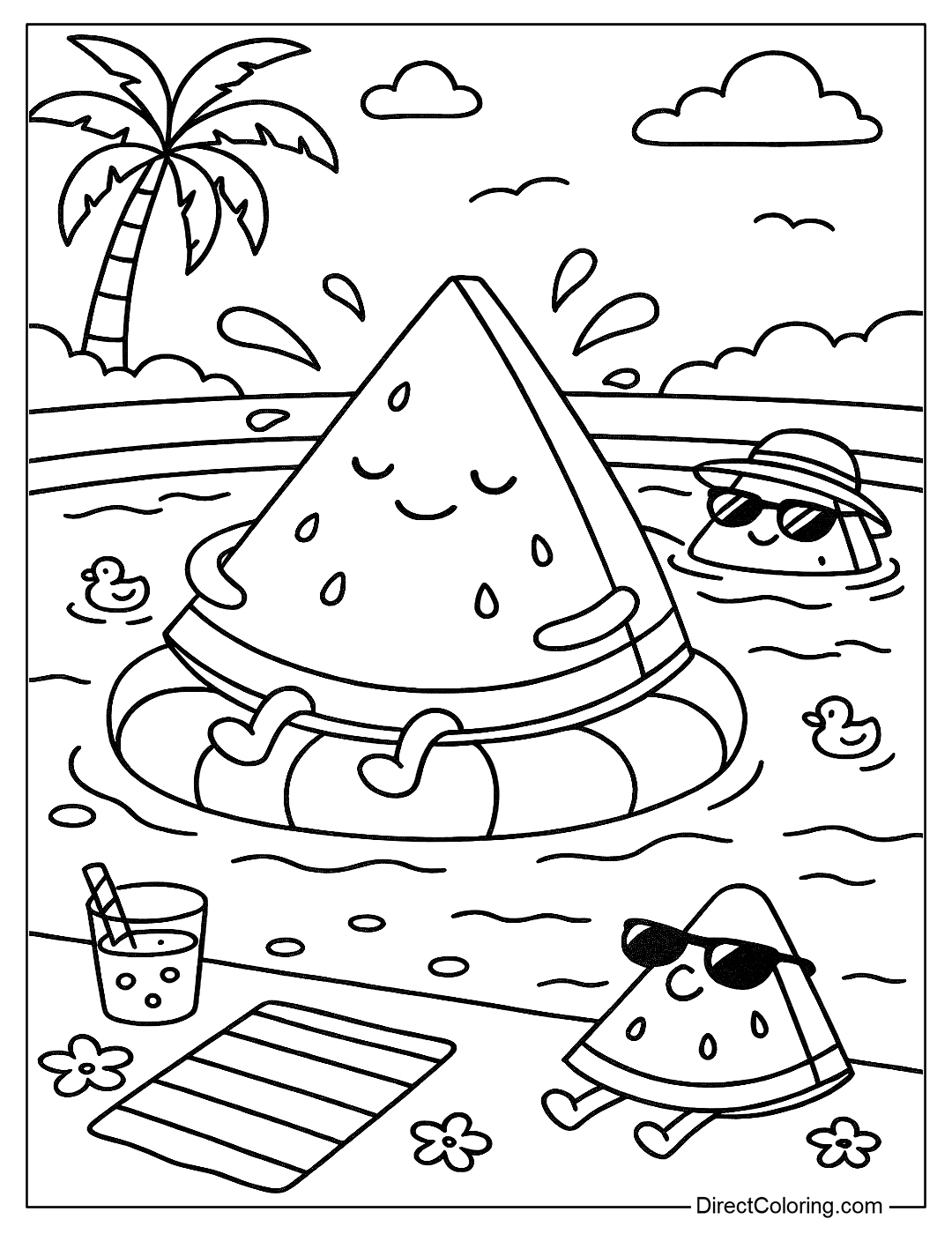 Coloring page of a watermelon slice relaxing on a float in a pool